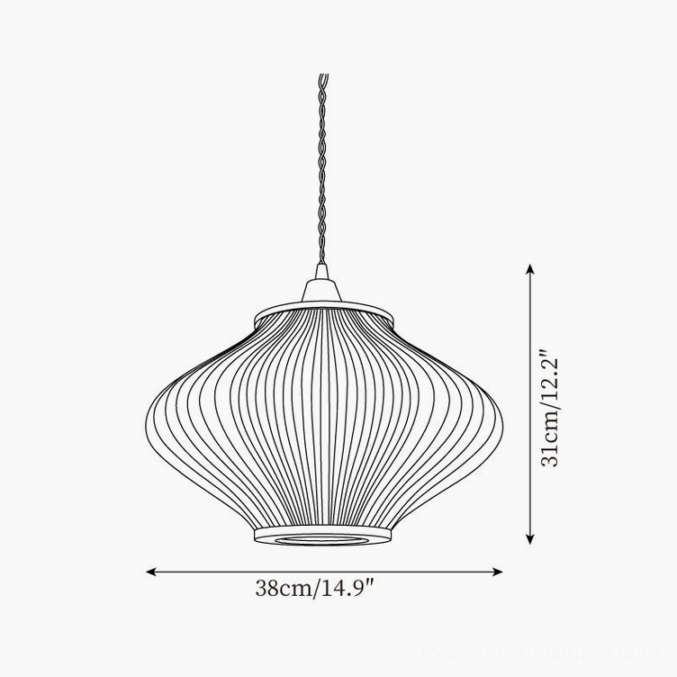 Technical orthographic drawing of Japanese ribbed acrylic pendant light, dimension specifications 38cm diameter by 31cm height