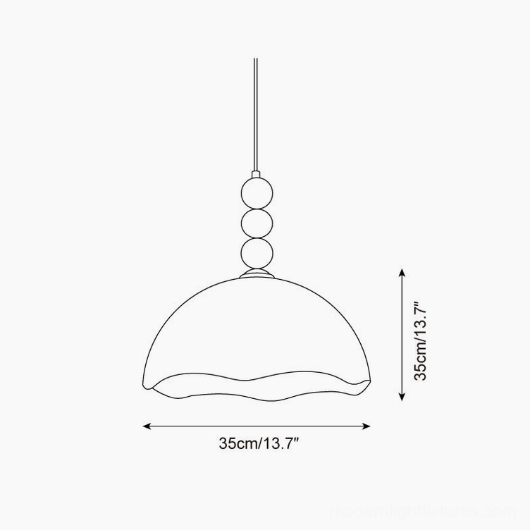 Technical line drawing and orthographic specifications of mid-century modern rippled pendant light 35cm diameter