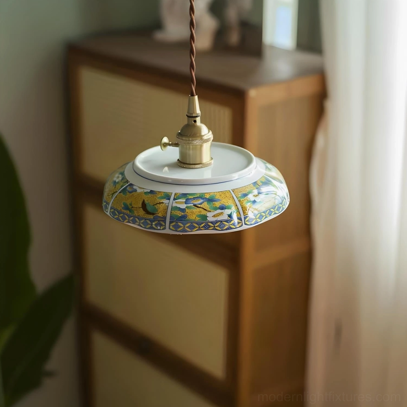 Hand-painted ceramic pendant light cord and brass hardware detail with twisted brown fabric and E27 socket