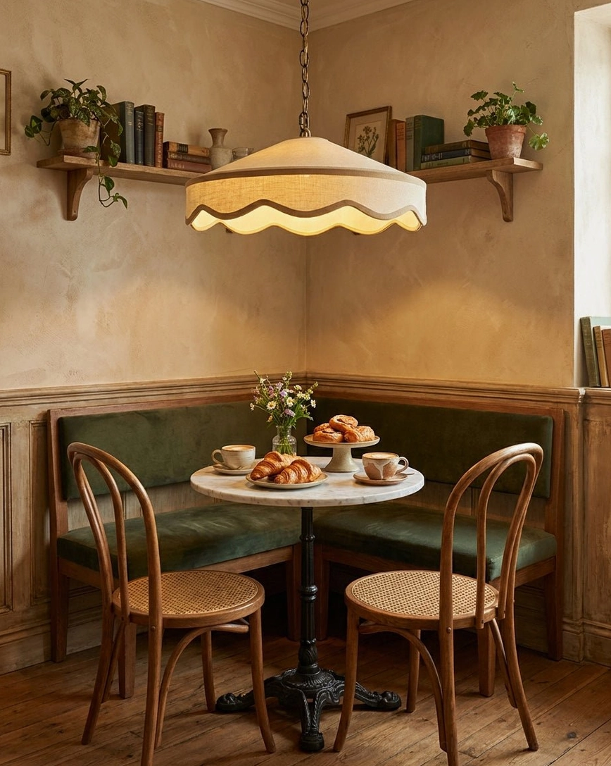 Scalloped fabric pendant light hanging in vintage dining booth nook with warm rustic cottage aesthetic
