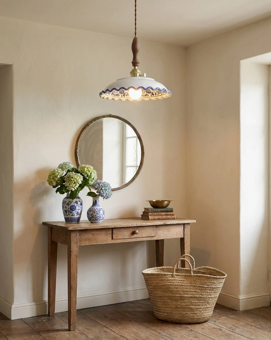 Cobalisse pendant light hung in vintage entryway above wooden console table with mirror and floral displays, creates elegant focal point