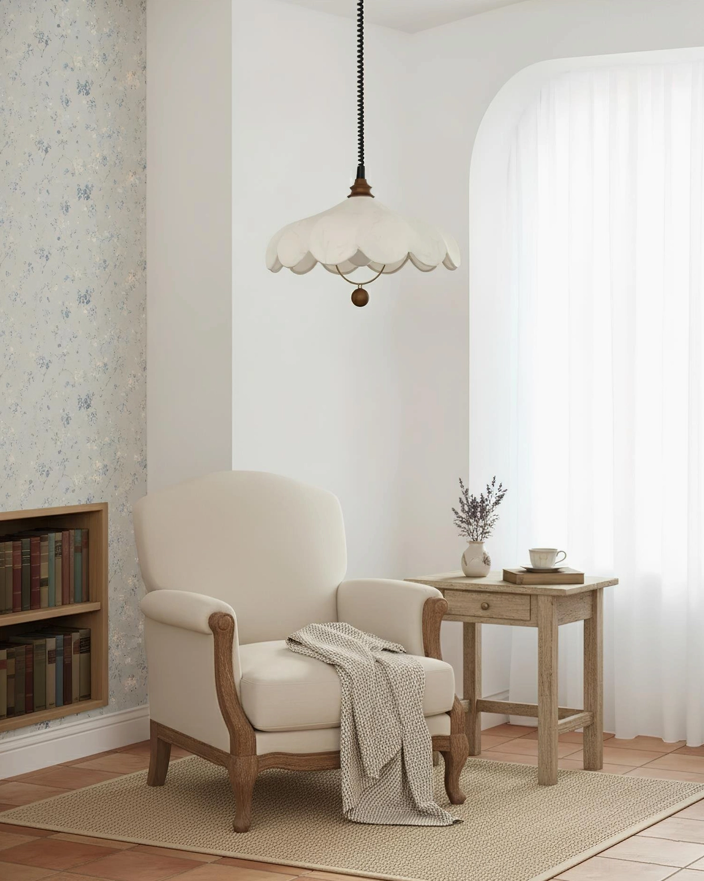 Fabric pendant lamp in cozy vintage living room beside armchair and side table
