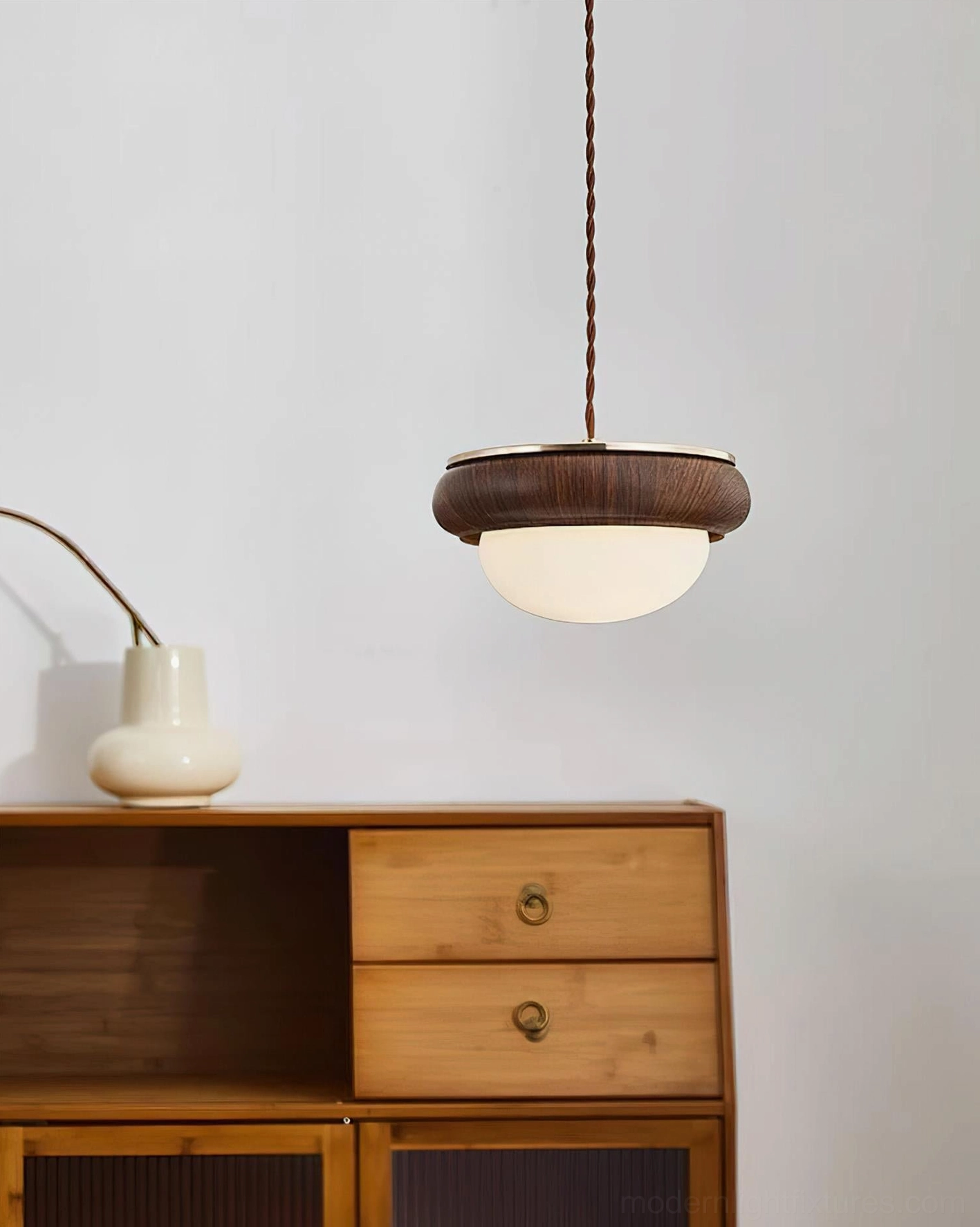 Contemporary wood pendant fixture dark walnut ceramic vase decoration modern interior design