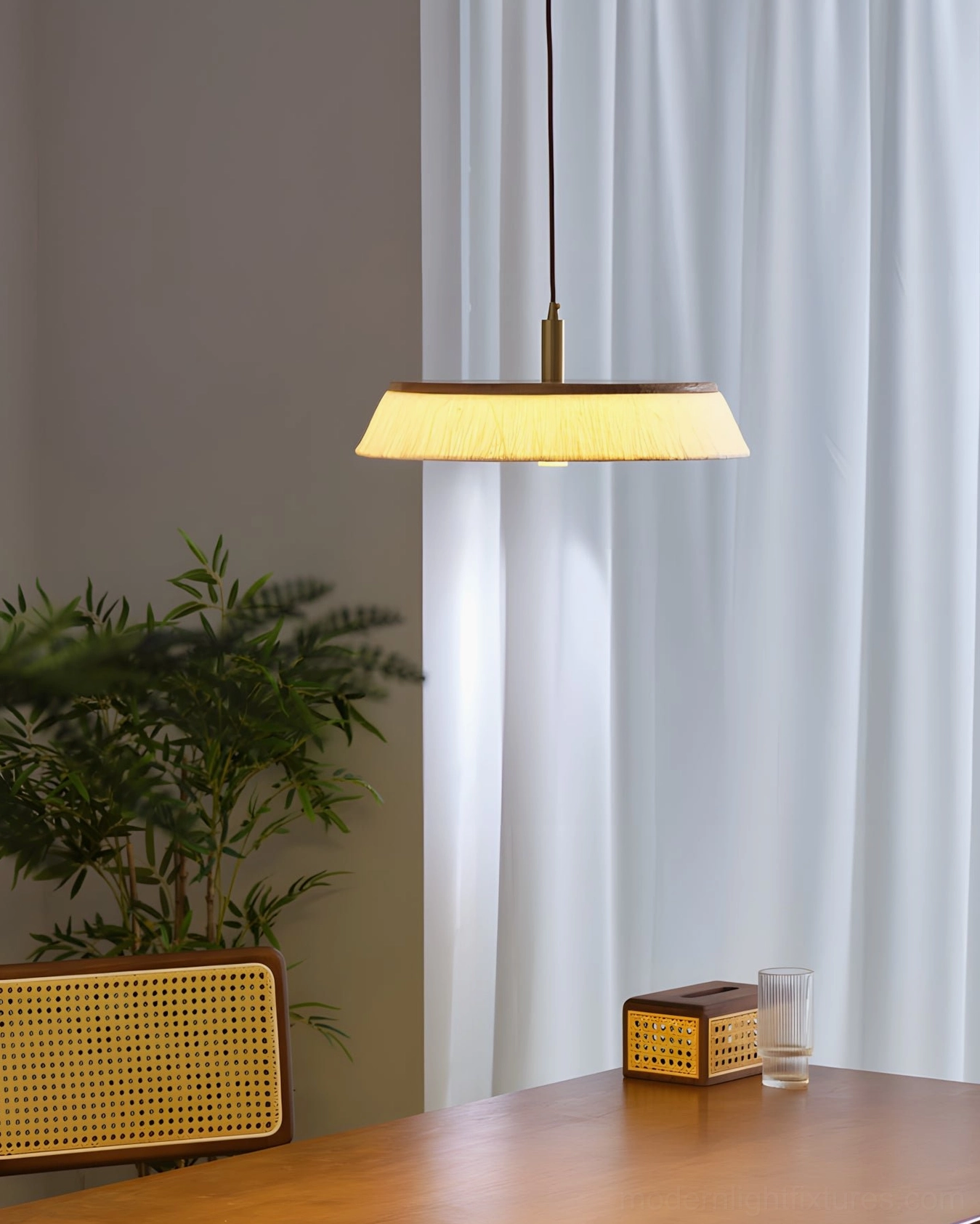 Dark walnut wood pendant light with rice paper shade, mid-century modern and wabi-sabi style interior