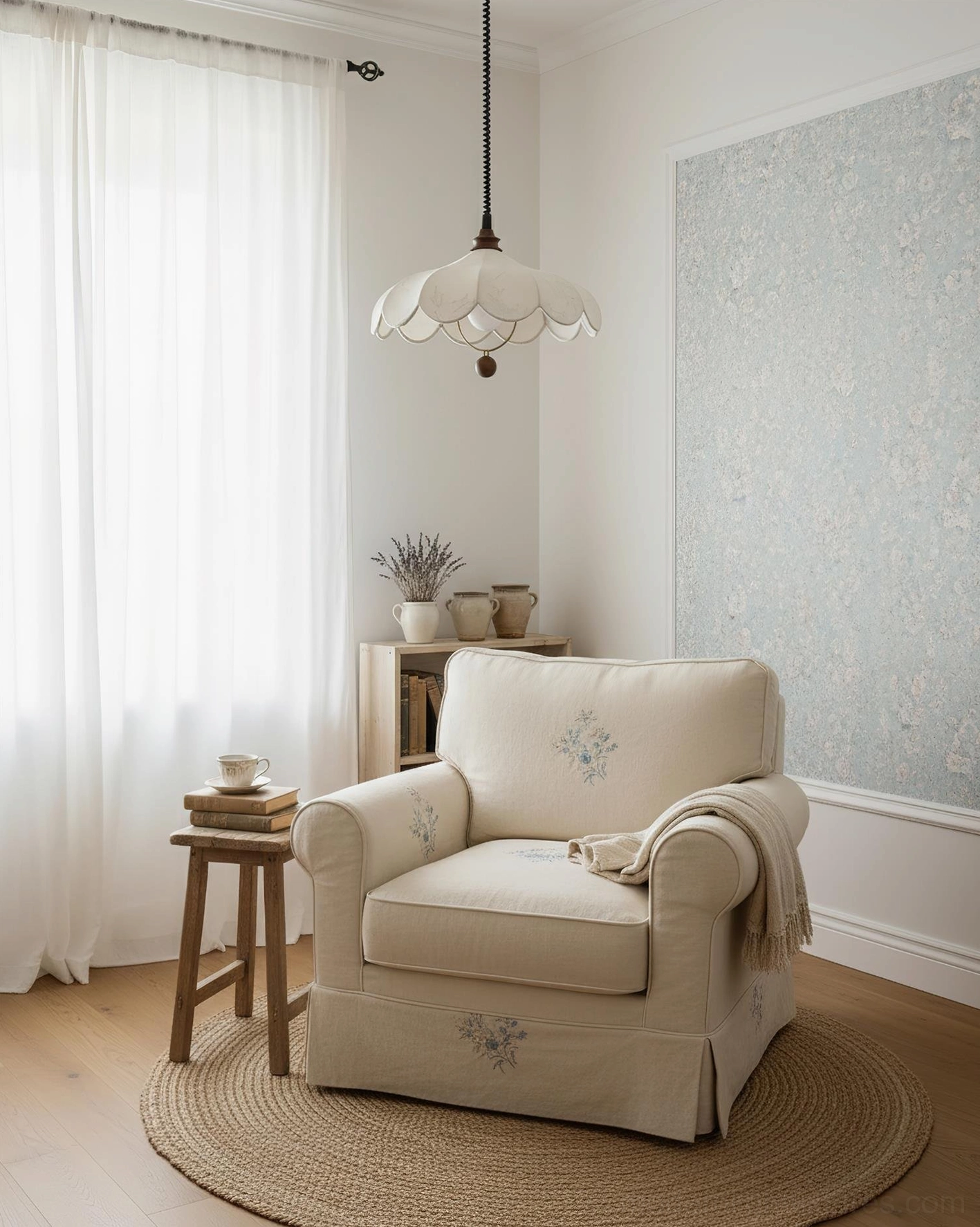 Hanging lamp demonstrating warm light diffusion through white patterned fabric shade
