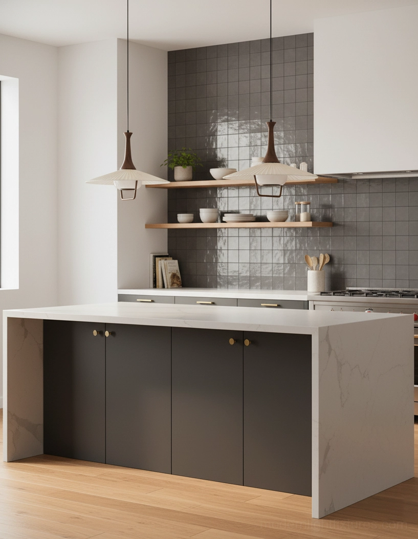 Pleated pendant lights above dark kitchen island in contemporary kitchen with grey subway tile and stone countertop