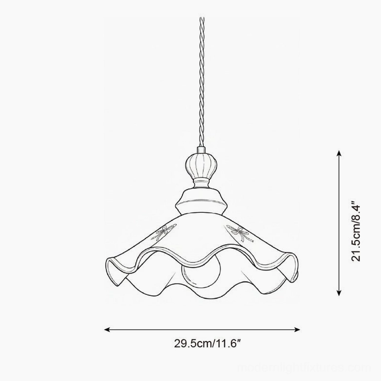Technical bottom-front view drawing of scalloped ceramic pendant shade, showing curved edge details and 21.5cm diameter