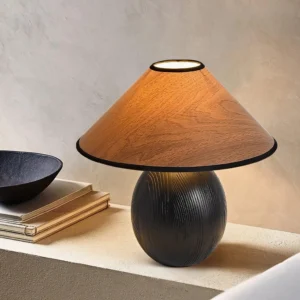 Black penna wooden table lamp three-quarter perspective with wood-grain fabric shade on tabletop display