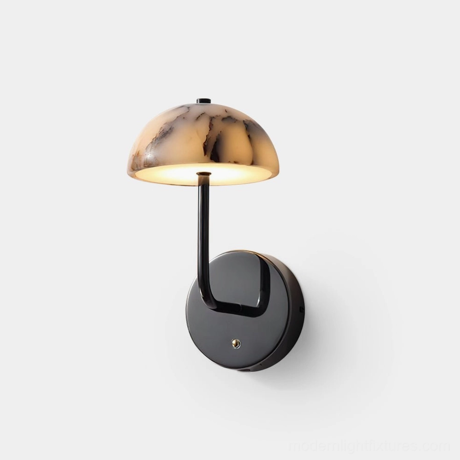 Penta marble wall sconce with dome shade - front close-up view on minimalist white wall