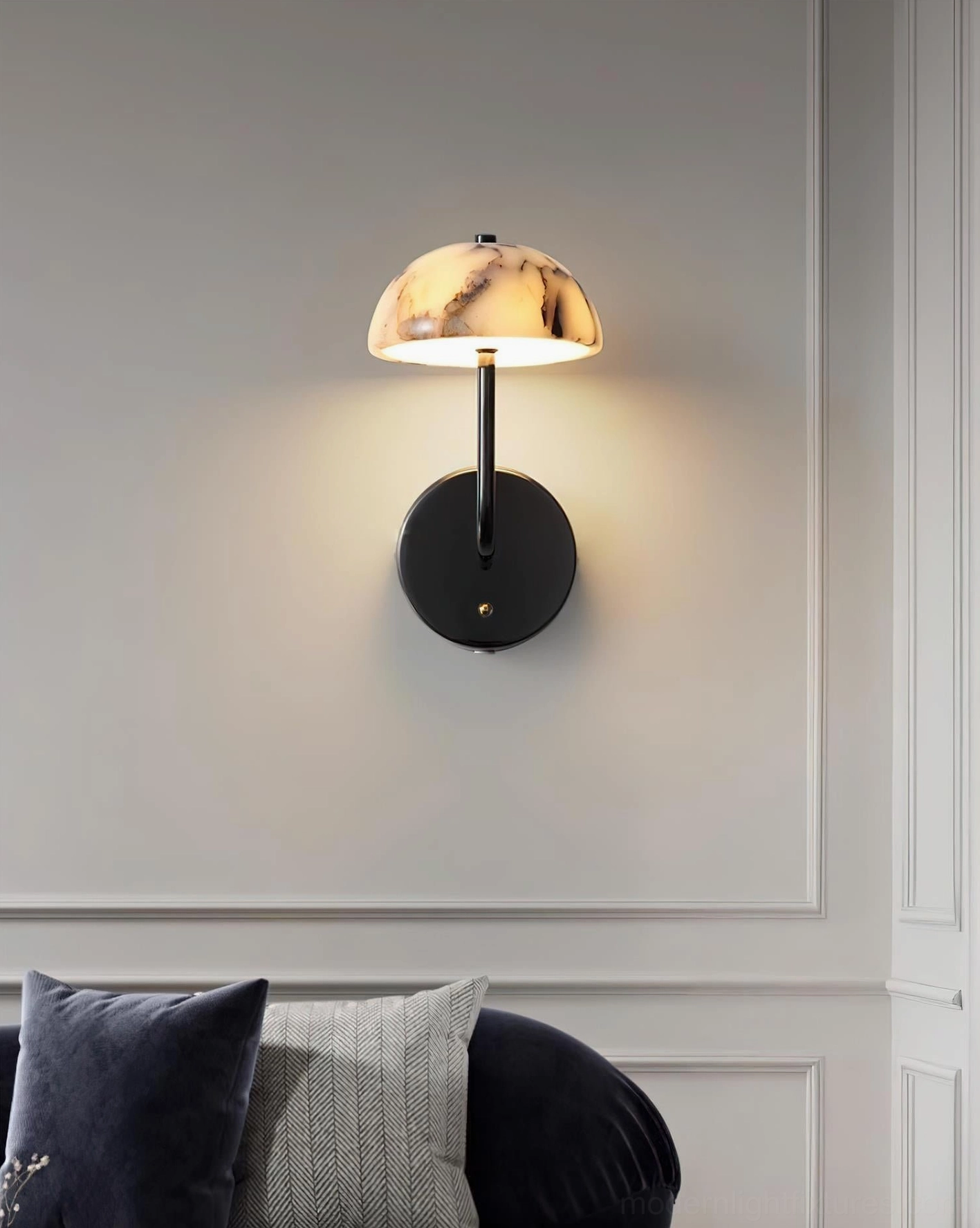 Penta modern wall lamp warm white LED glow in living room with paneled wall and interior lighting ambiance