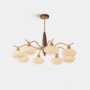 Penton brass and walnut wood glass chandelier featuring five ribbed milk glass shades in modern pendant light design, frontal studio view
