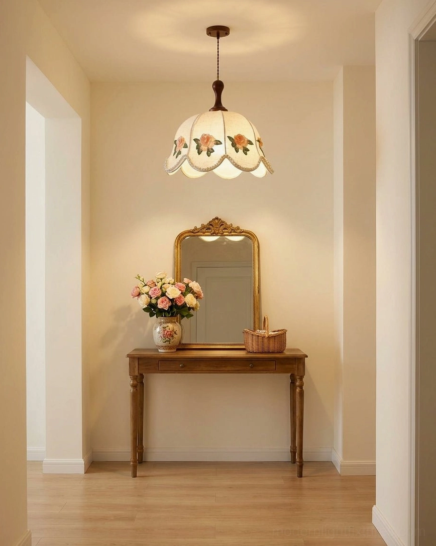 Three-size lineup of Peonelle embroidered rose pendant lights showing small, medium, and large scalloped fabric domes
