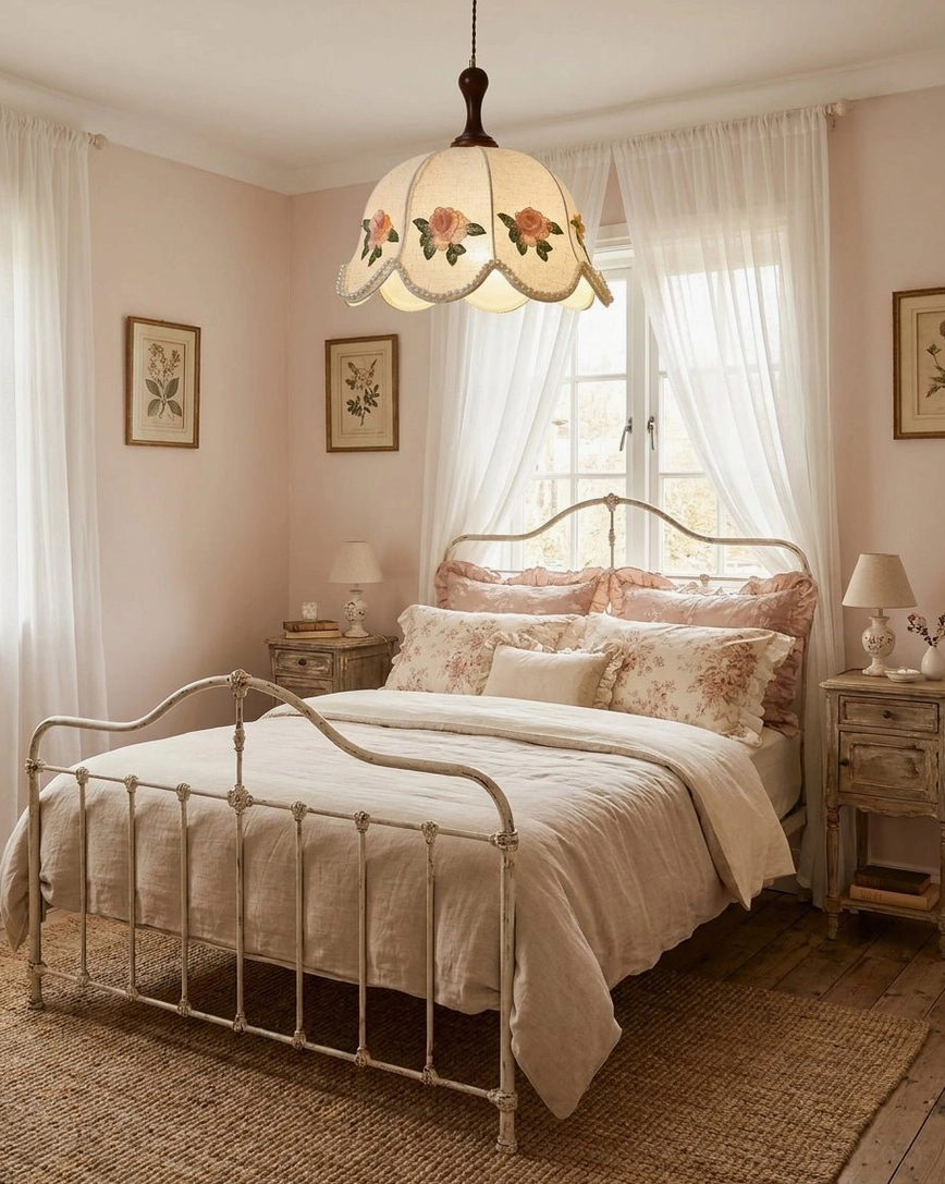 Peonelle embroidered rose pendant light architectural detail showing scalloped dome, wood stem, and twisted fabric cord