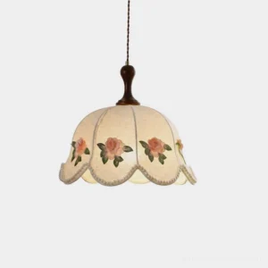 Peonelle embroidered rose pendant light with scalloped cream fabric dome and pearl-bead trim, frontal studio view