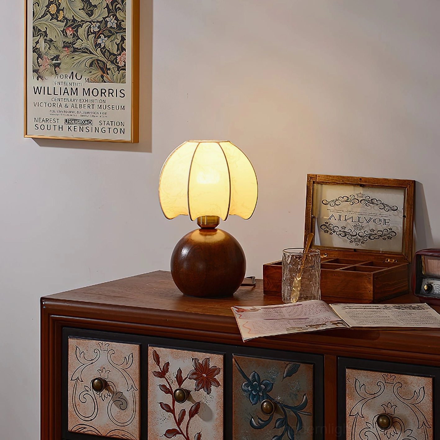 Modern peony bloom table lamp featuring scalloped petal-inspired shade and wood base