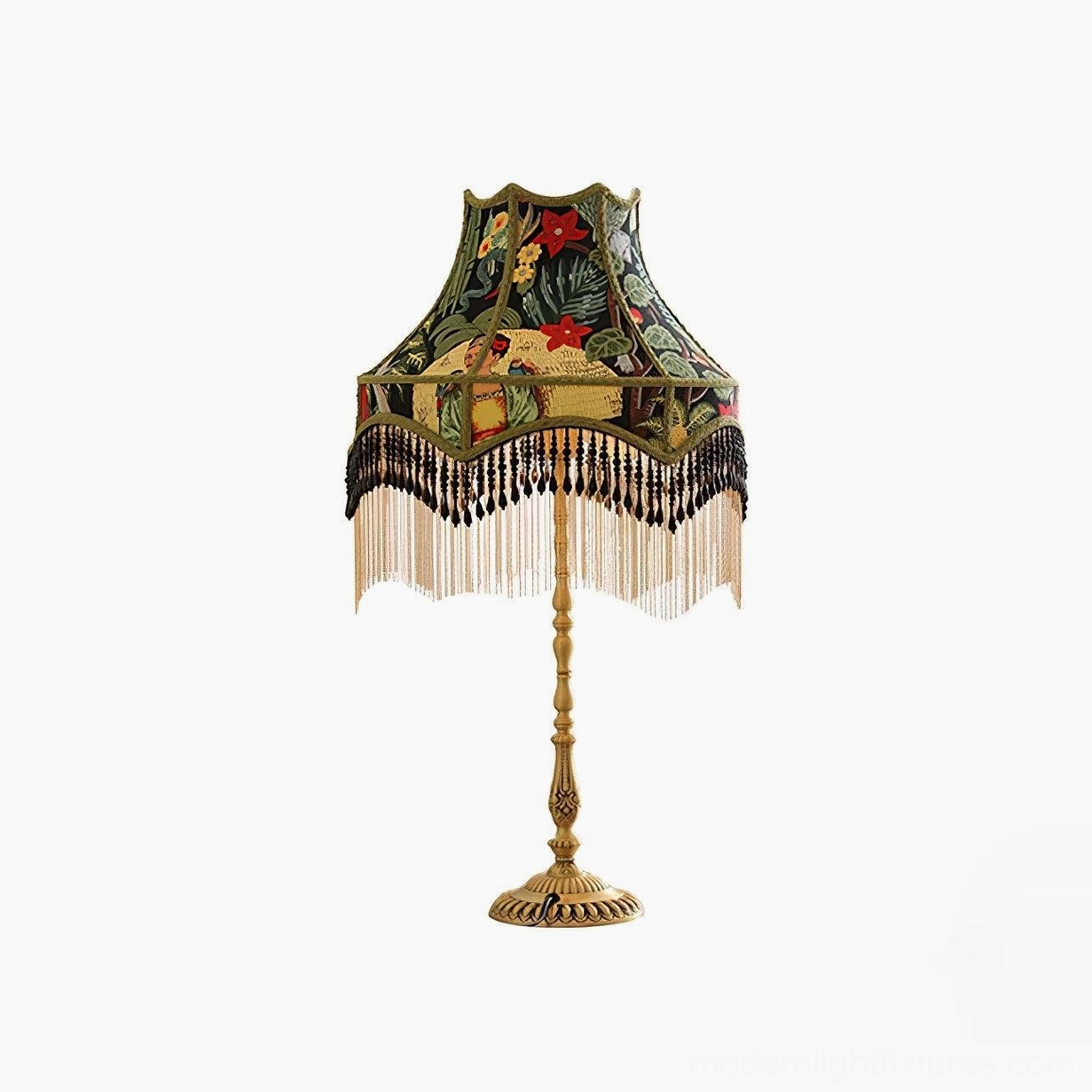 Vintage peony embroidered table lamp creating warm ambient lighting in bedroom setting