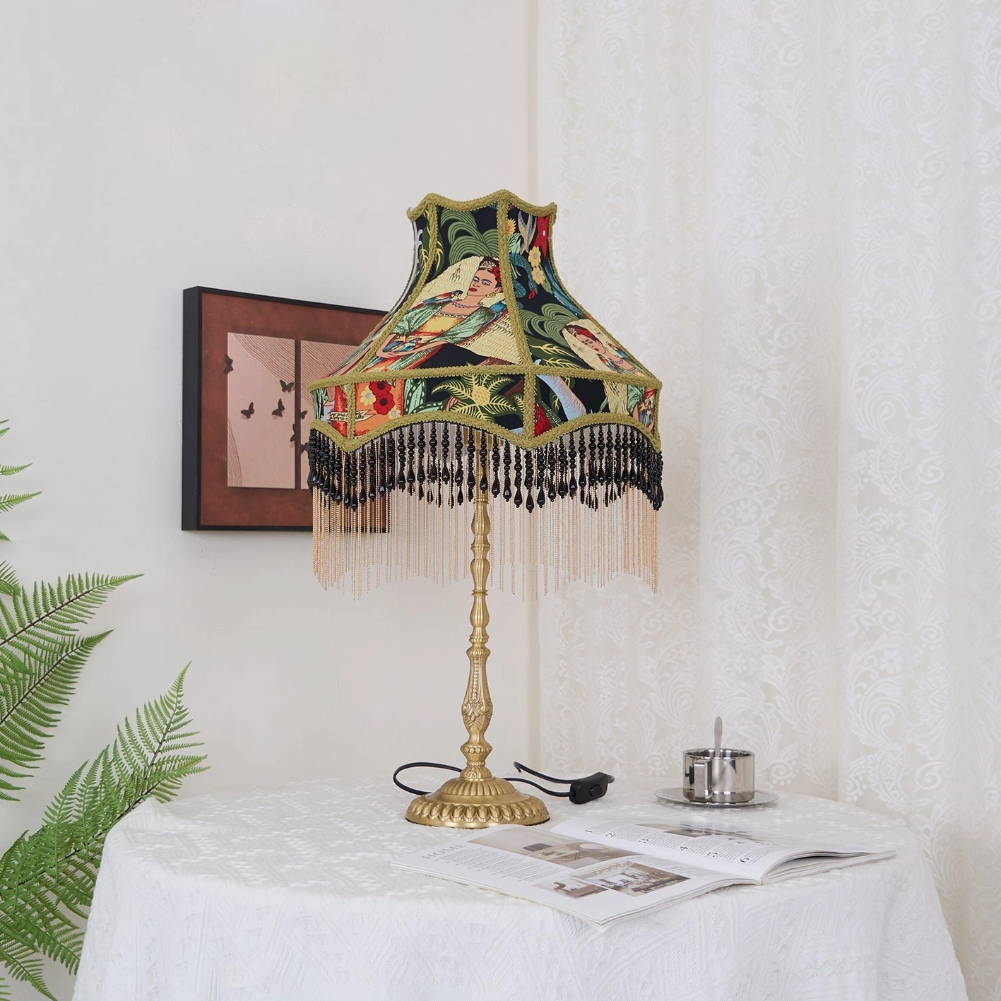 Peony table lamp displaying hand-selected botanical patterns on silk fabric shade