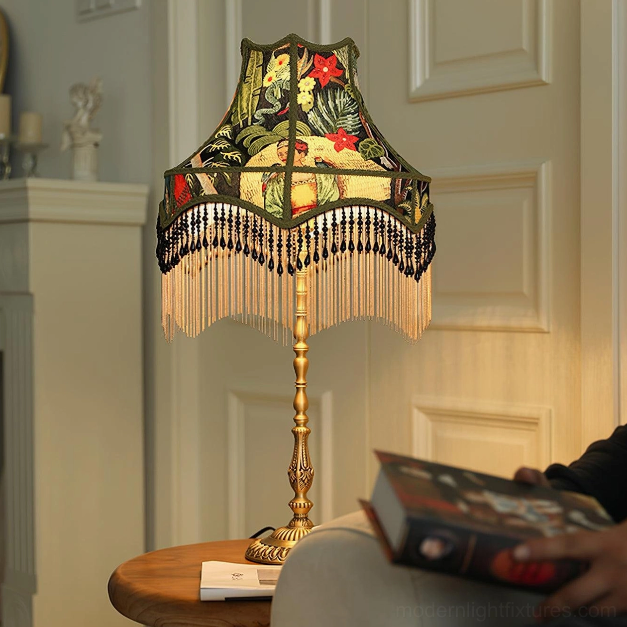 Hand-stitched vintage peony table lamp with etched brass base detail close-up view