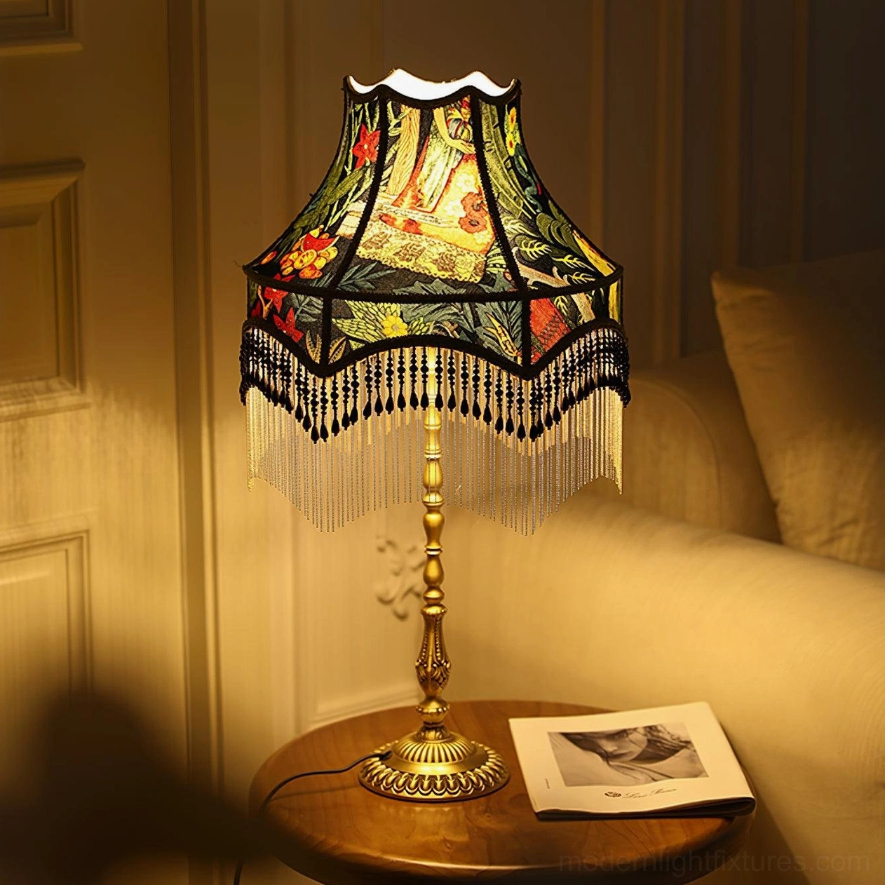 Illuminated vintage peony table lamp creating warm ambient lighting in night living room setting
