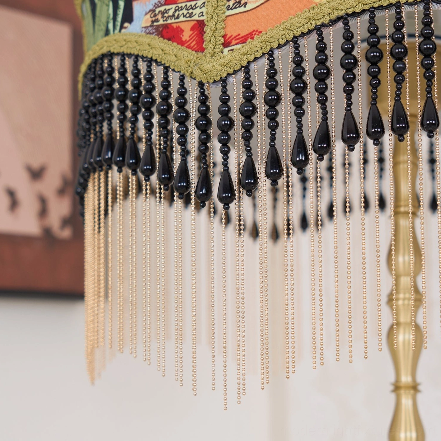 Peony table lamp with solid brass base and hand-stitched botanical tapestry silk shade