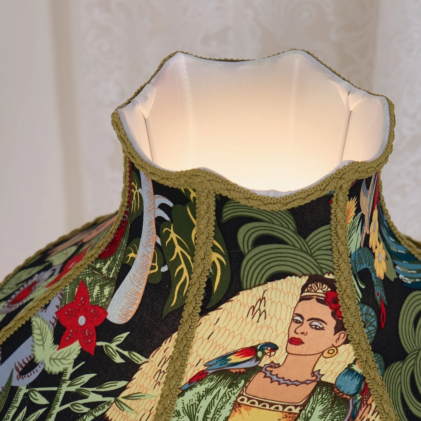 Vintage peony embroidered table lamp creating statement lighting in farmhouse cottage interior