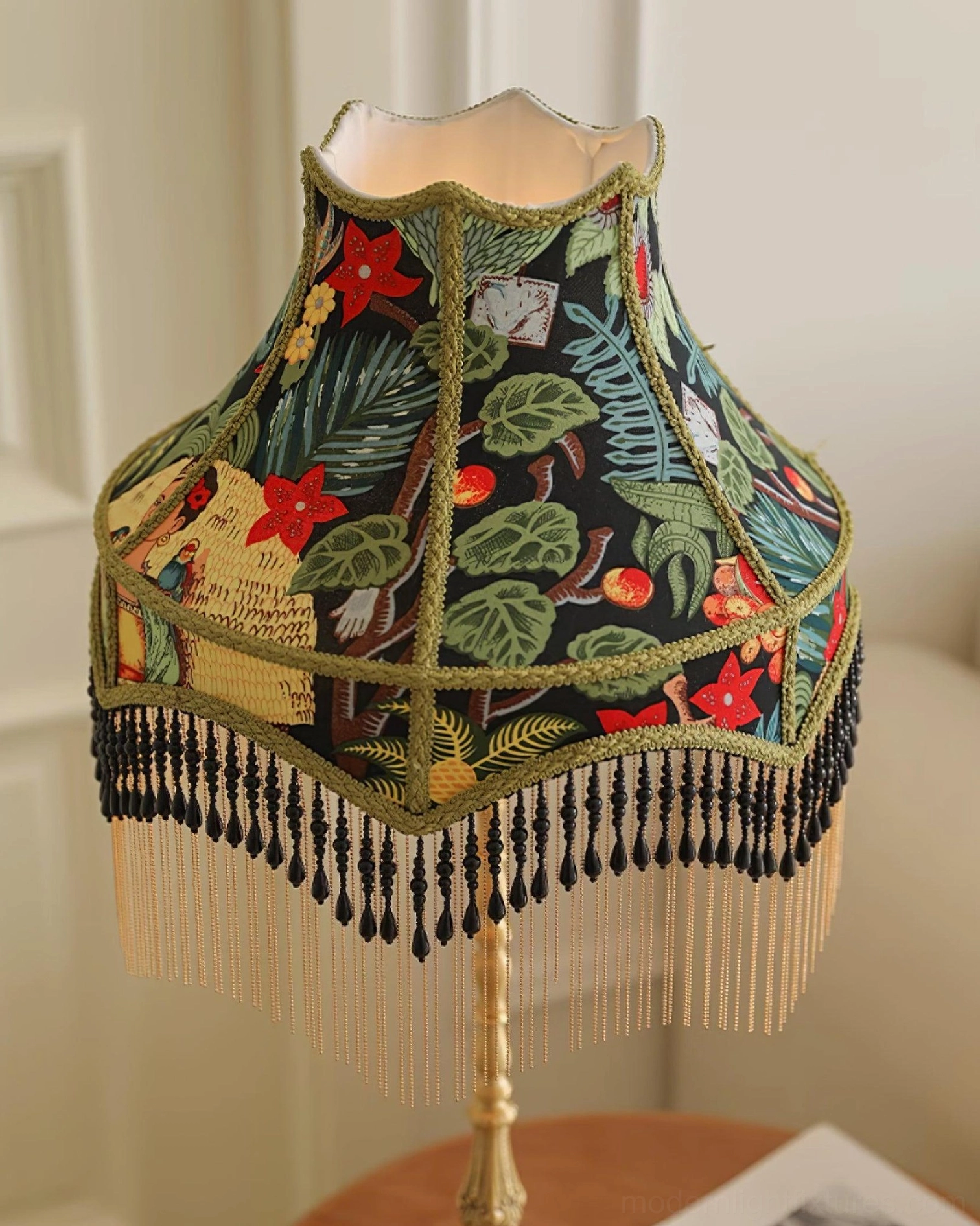 Peony embroidered table lamp displaying vibrant tapestry patterns in warm lighting
