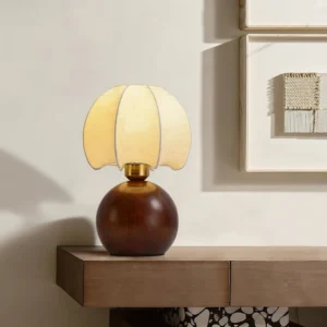 Modern peony table lamp with walnut and white color options, console table display setting