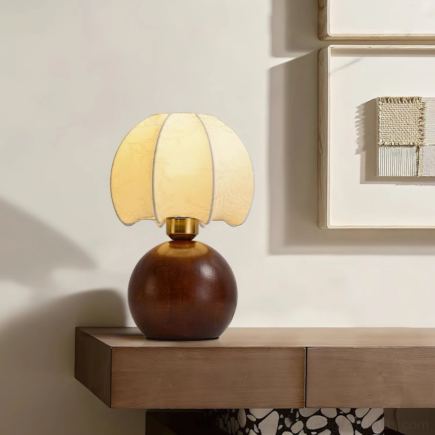 Modern peony table lamp with walnut and white color options, console table display setting