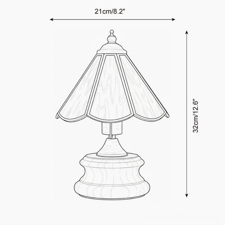 Peony table lamp technical design drawing with dimensions, scalloped shade and turned wood base specifications