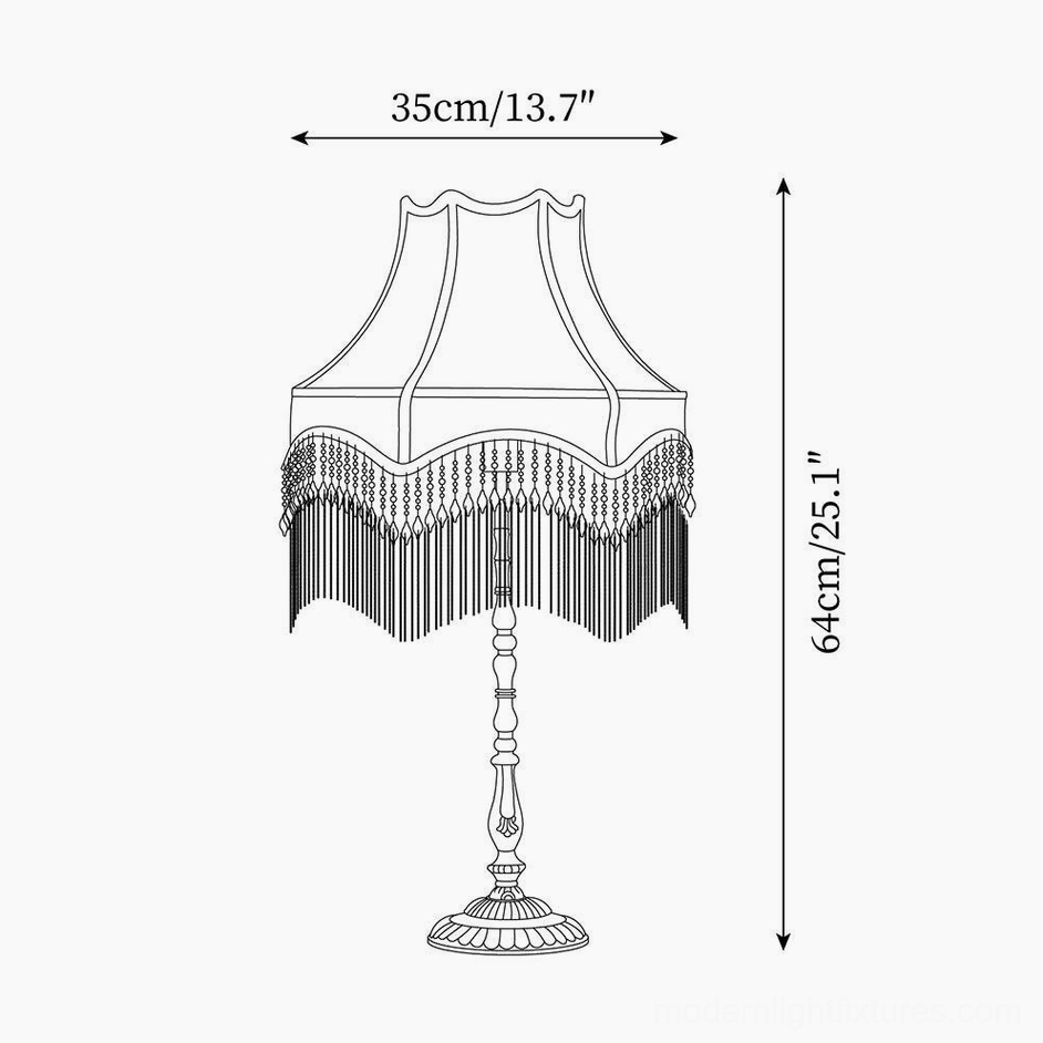 Technical schematic diagram showing peony table lamp dimensions 35cm diameter by 64cm height with measurements in inches