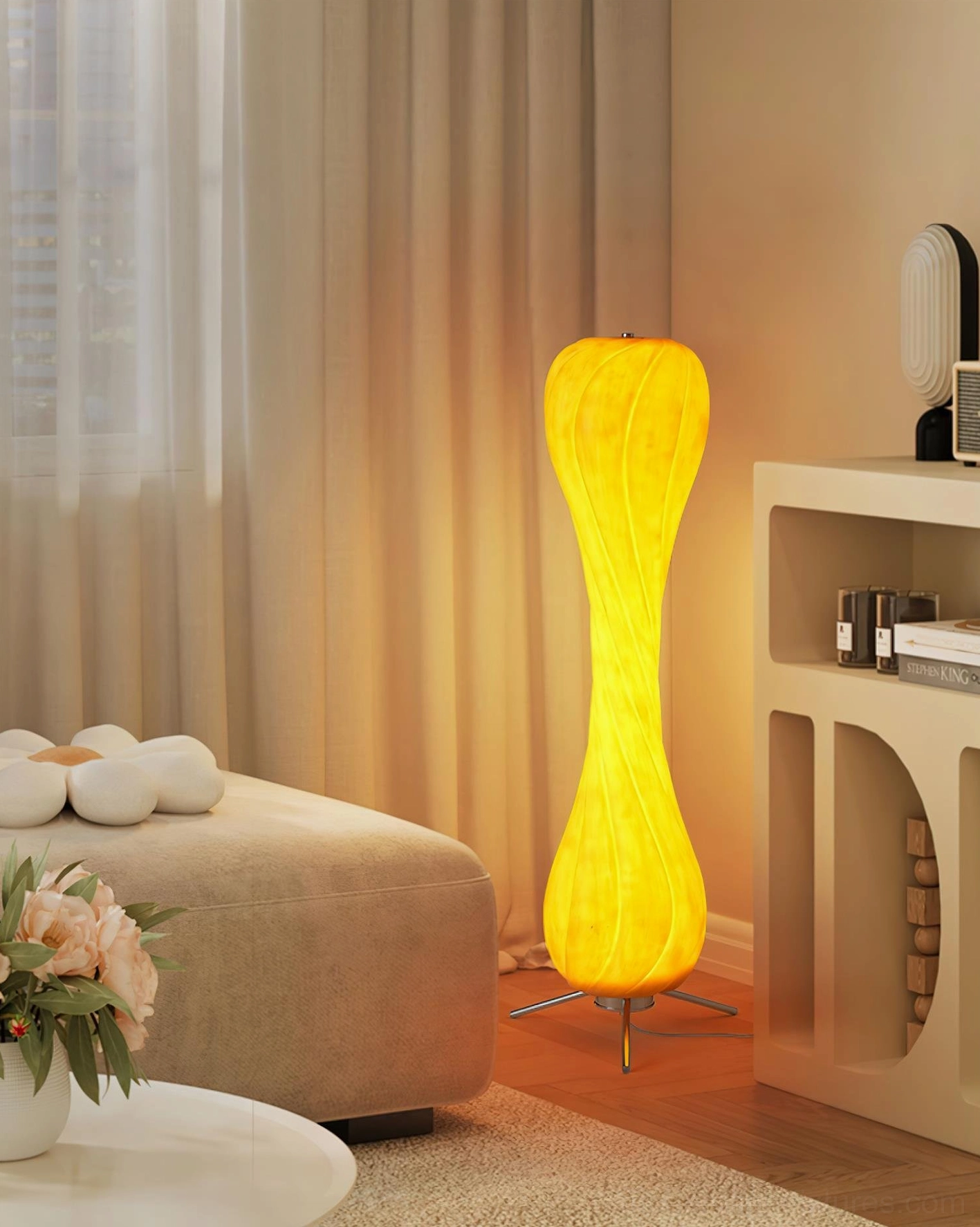 Pepperpod floor lamp in home lounge corner creating warm ambient glowing light in cozy nook
