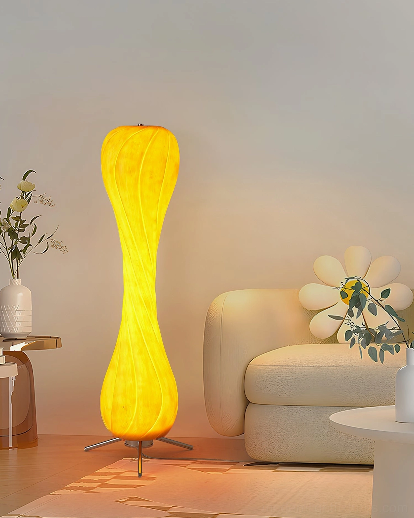 Illuminated Pepperpod column floor lamp in cozy living room with warm yellow glow and home accessories