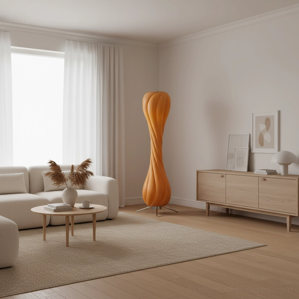 Pepperpod twisted floor lamp in minimalist neutral living room matching wooden furniture style