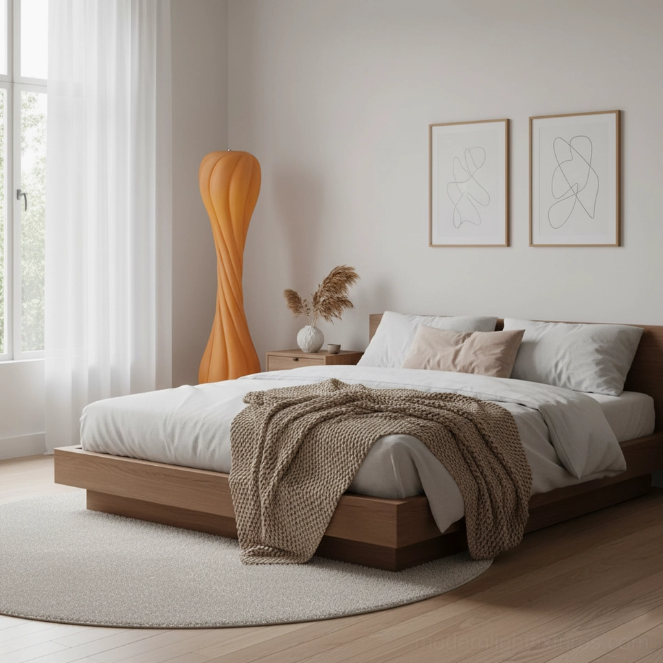Modern bedroom interior with Pepperpod twisted floor lamp providing ambient lighting in minimalist decor