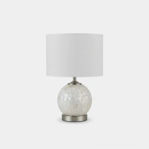 Perlina mother-of-pearl capiz shell table lamp with brushed nickel base and white fabric shade frontal studio view