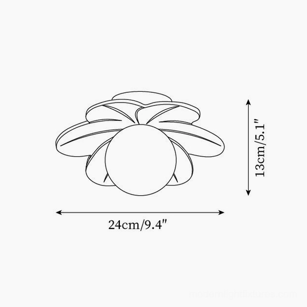 Petal Flower ceiling light technical specifications diagram showing 24cm diameter and 13cm flush mount height
