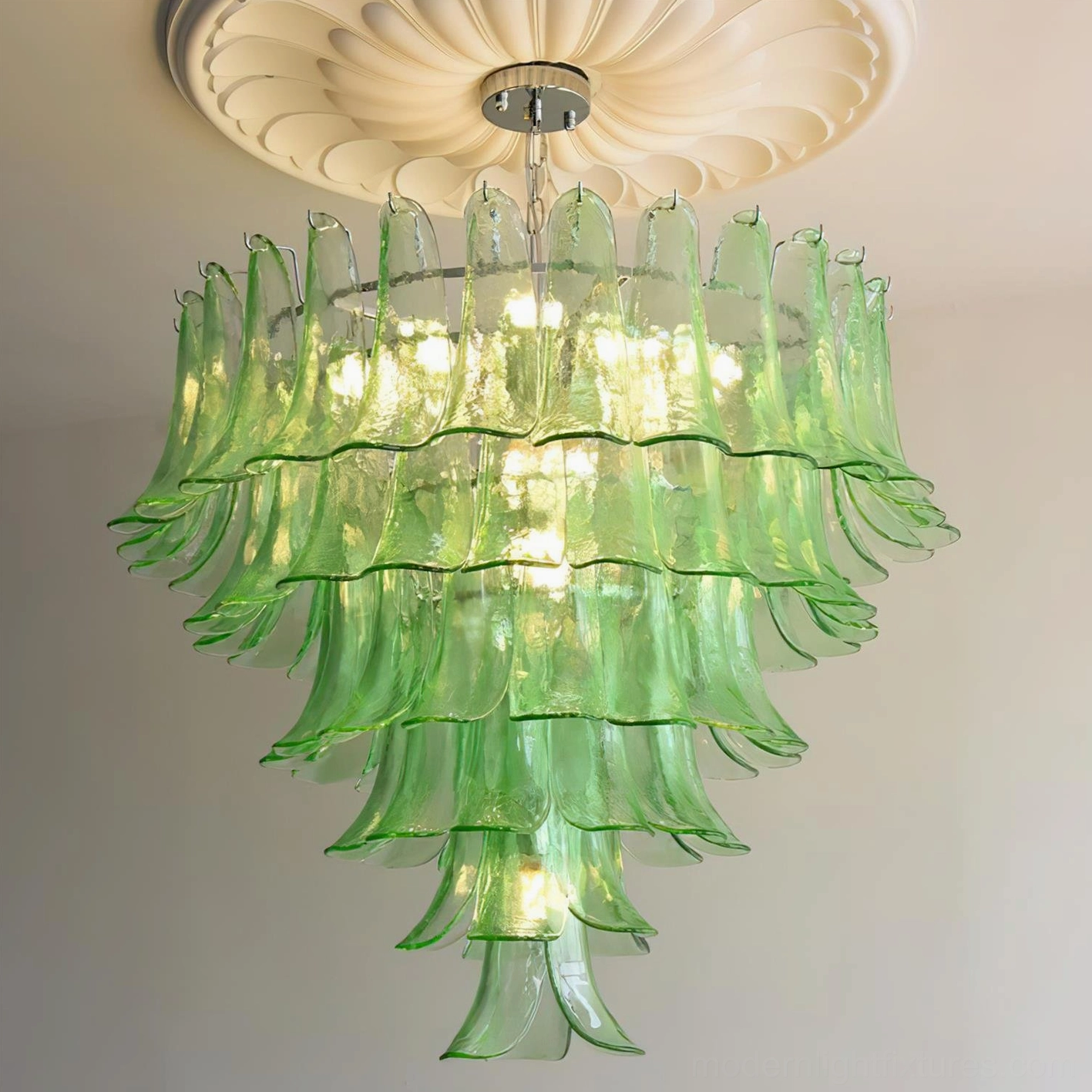 Complete petal chandelier tiered assembly showing all glass layers and central metal frame structure