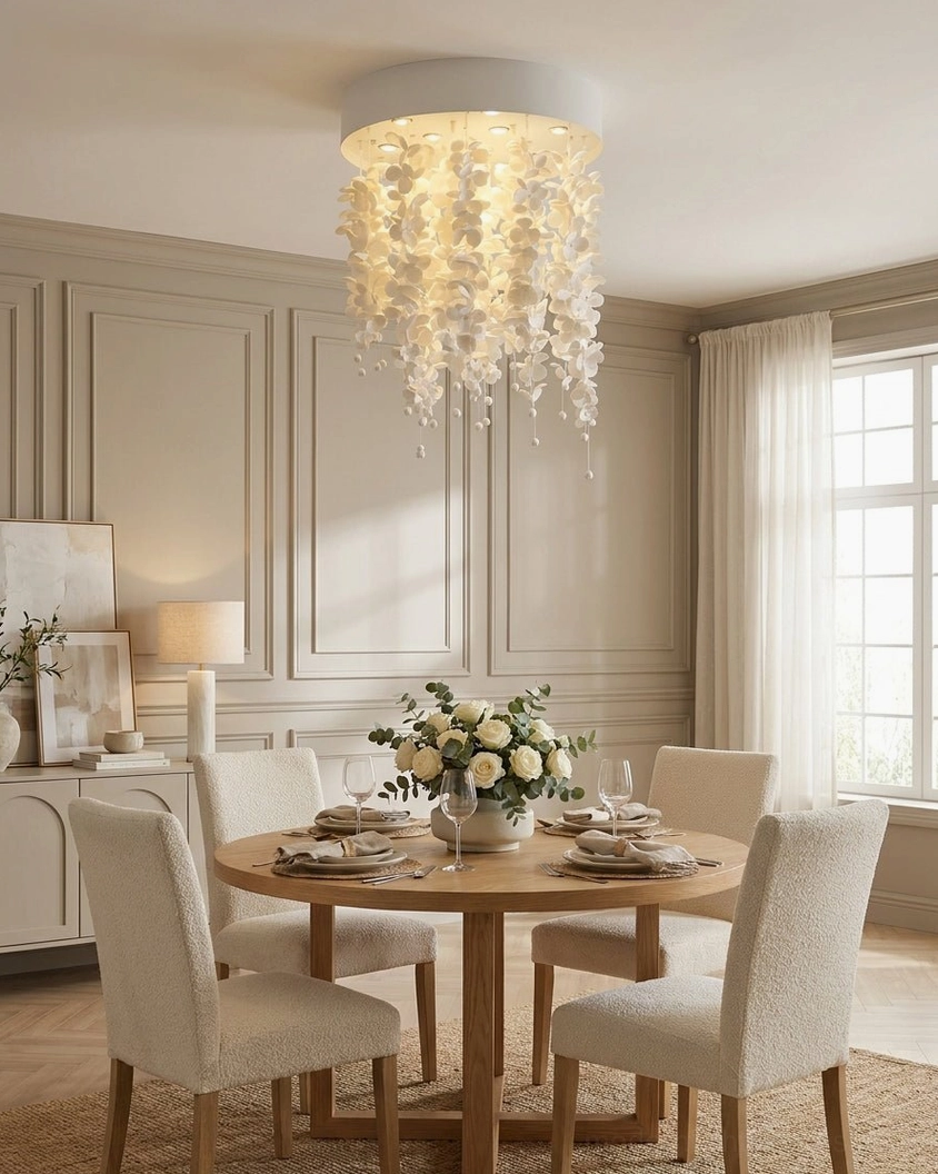 Cozy warm-lit ceramic petal chandelier in compact French cream dining room with round table and neutral home styling