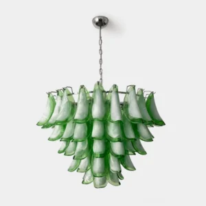 Modern petal chandelier with tiered hand-blown green glass shades and chrome metal hardware displayed on white background