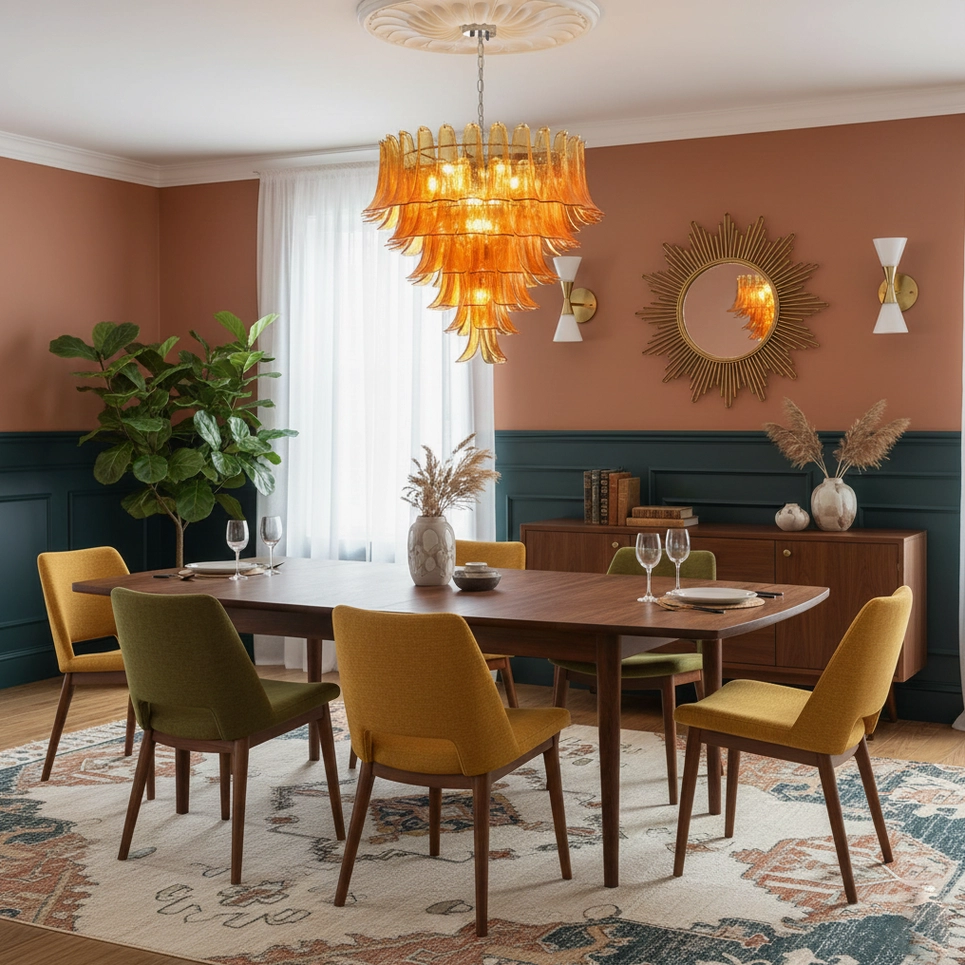 Multi-layer glass petal chandelier installation showing adjustable chain hanging system details