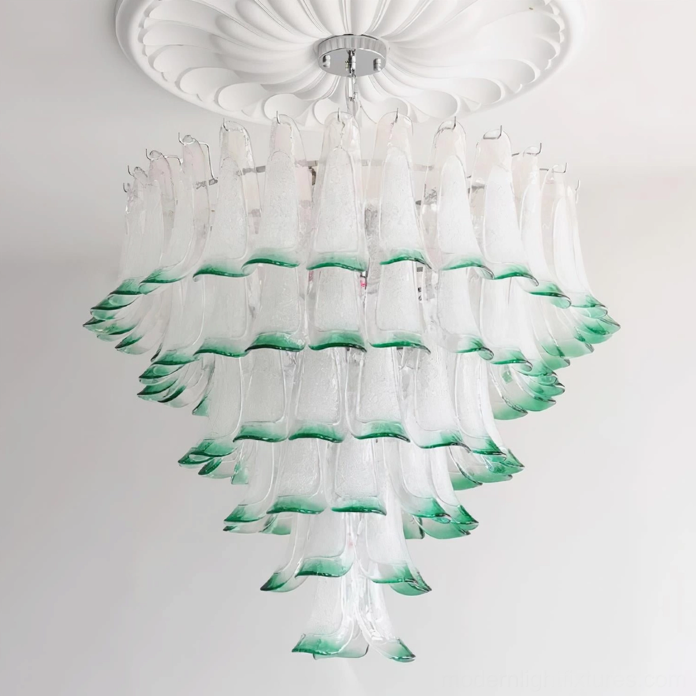 Petal chandelier installation guide showing proper hanging height and electrical connection points