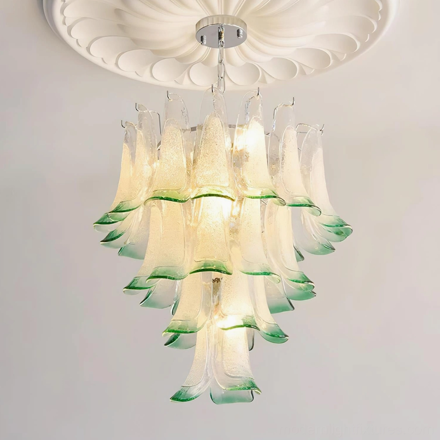 Murano glass petal chandelier comparison showing different layer configurations and size scaling