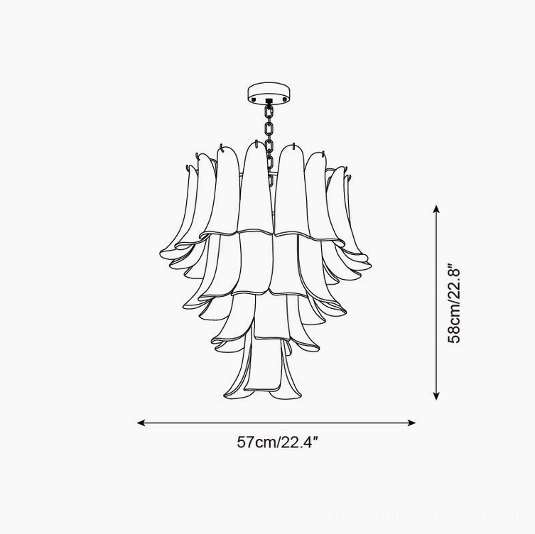 Technical line drawing of 4-layer petal chandelier showing 57cm diameter and 58cm height specifications