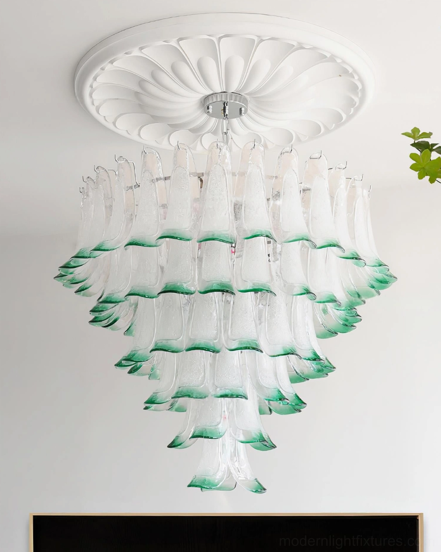 Glass petal chandelier in transitional interior style bridging traditional and modern aesthetics