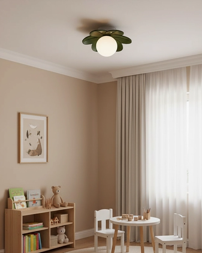 Multi-color petal ceiling lights in Green, Pink, and Beige finishes displayed together showing color variety