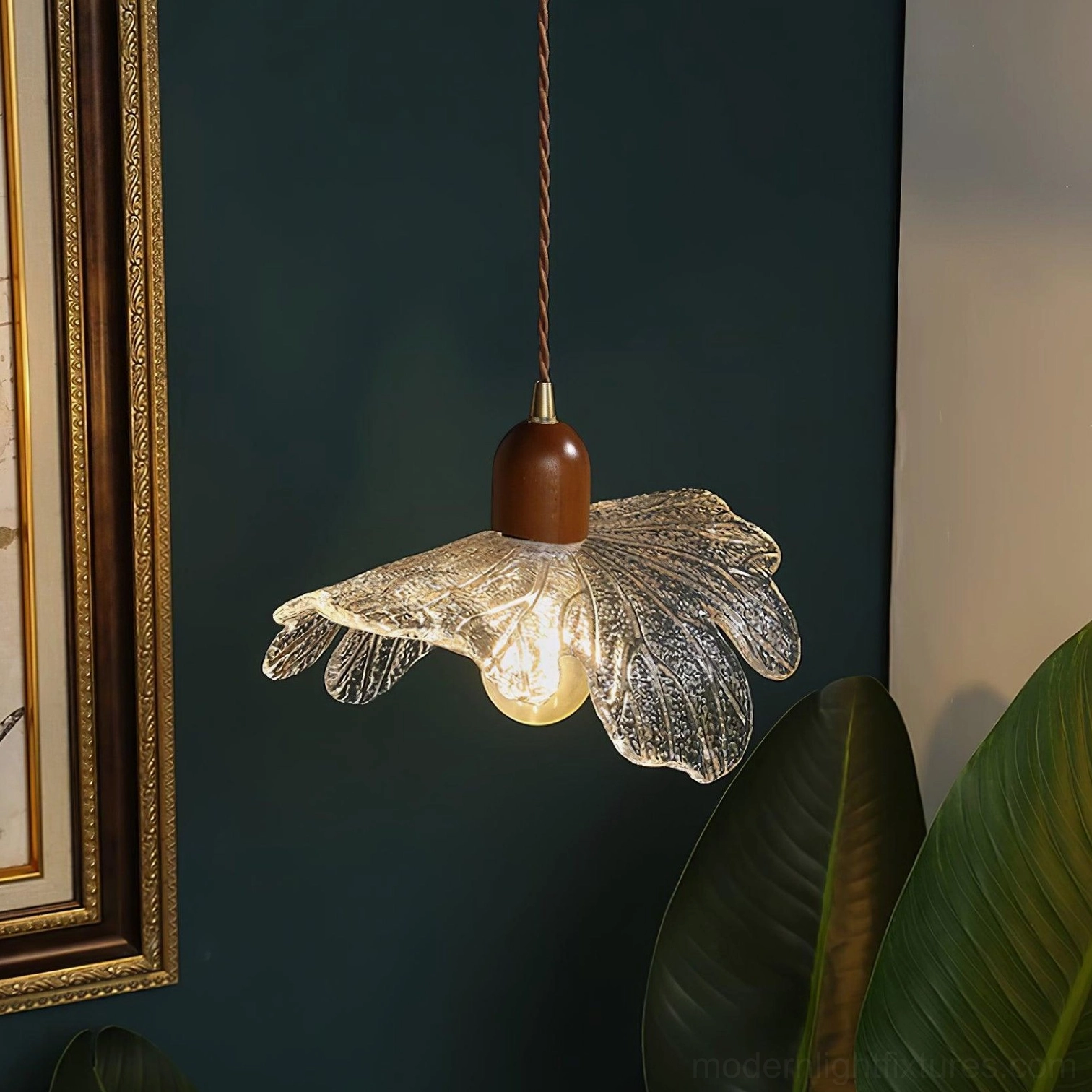 Japanese floral glass pendant light detail view showing glass petals and exposed bulb design