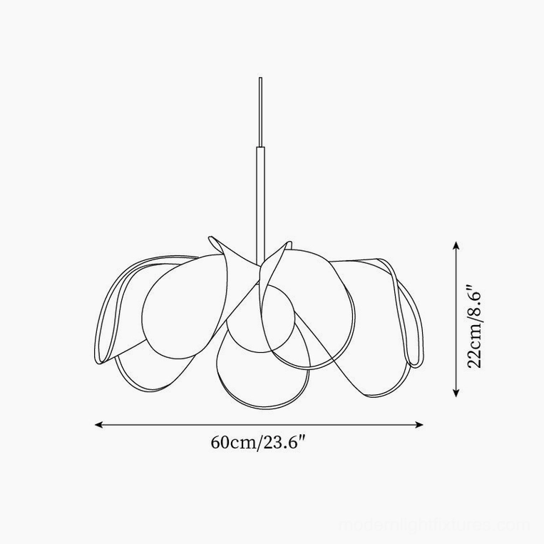 Technical orthographic line drawing diagram of petal pendant lamp showing 60cm diameter and 22cm height measurements