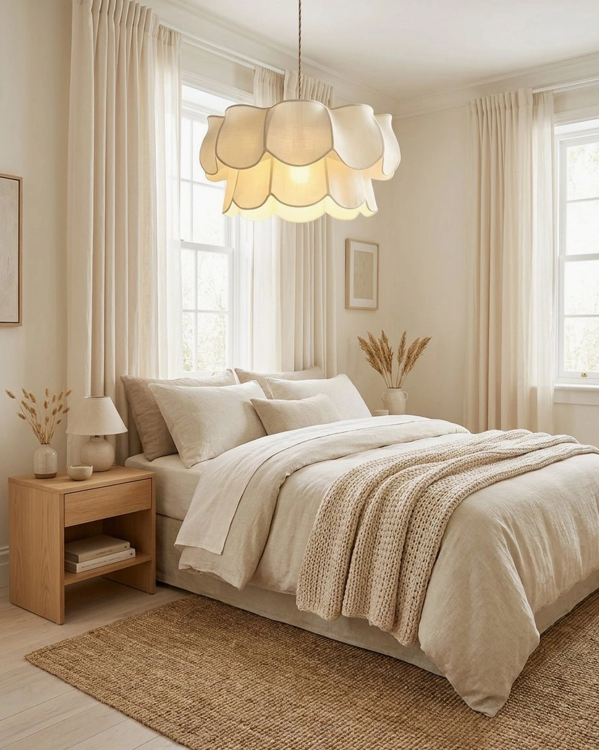 Modern cottage fabric petal pendant light showing adjustable cord length and wood-tone ceiling canopy installation, hardwired fixture with hardware