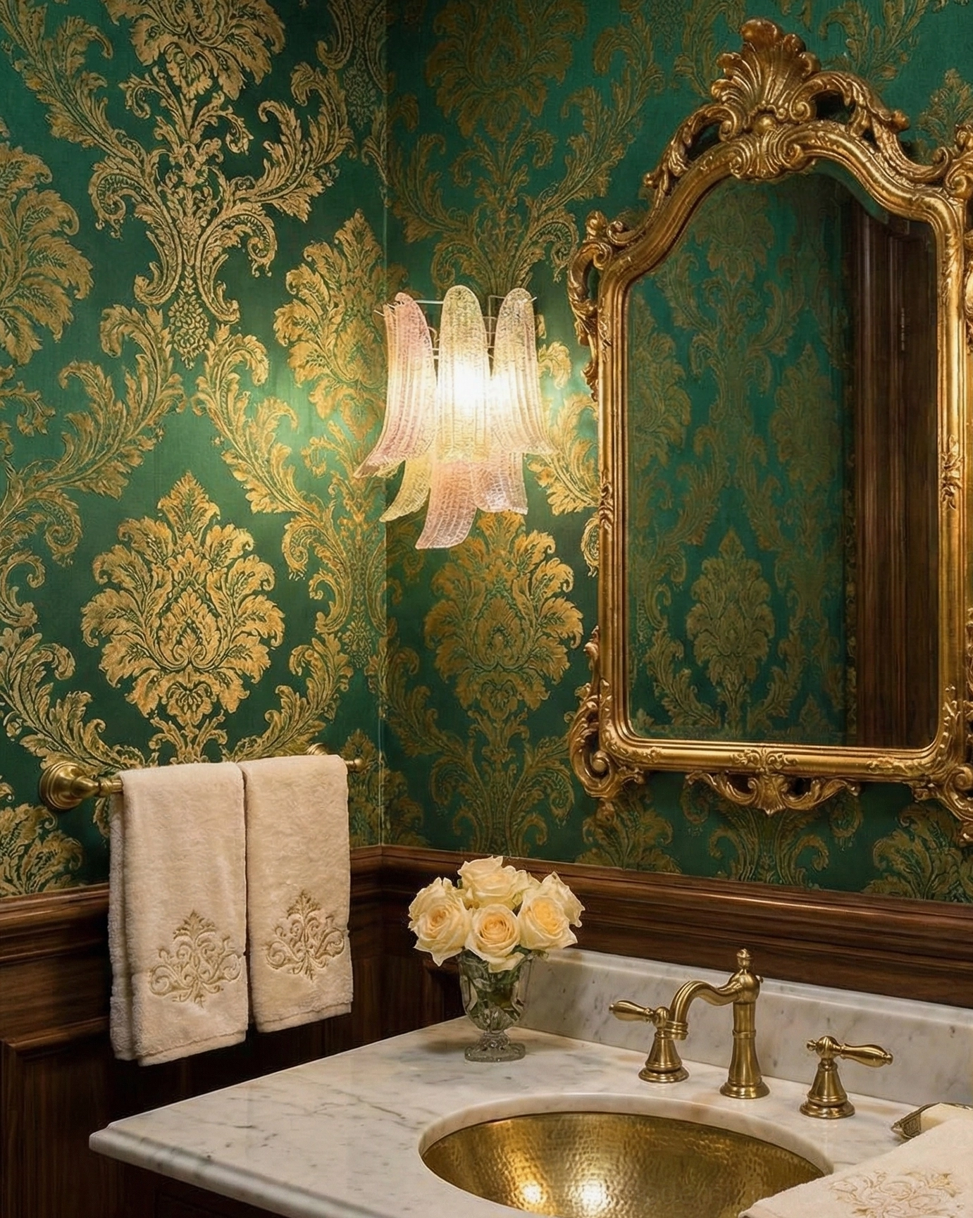 Luxury baroque bathroom interior with petal glass wall sconce beside ornate gold mirror and damask wallpaper