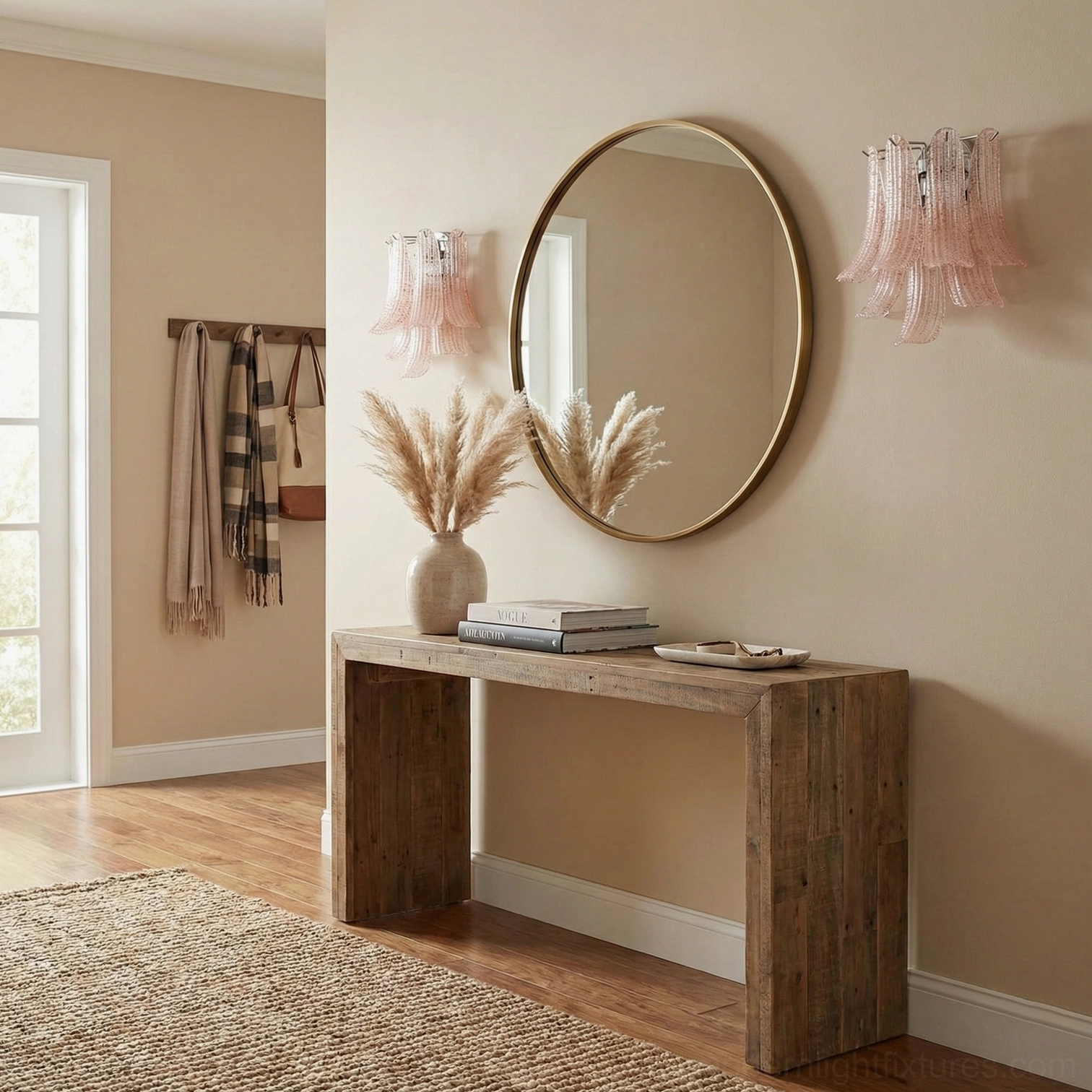 Petal glass wall sconce installed in farmhouse vanity area beside round gold framed mirror with warm ambient lighting
